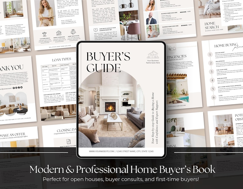 May include: A digital Buyer's Guide document template featuring a central cover page with the text BUYER'S GUIDE and an image of a living room with a fireplace. The layout includes various informational pages with text, icons, and home interior photos.