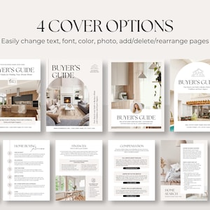 May include: A digital template set for a real estate buyer's guide featuring four distinct cover options and multiple interior pages. The documents include headings like Buyer's Guide, Home Buying Process, Finances, and Compensation with placeholder text.