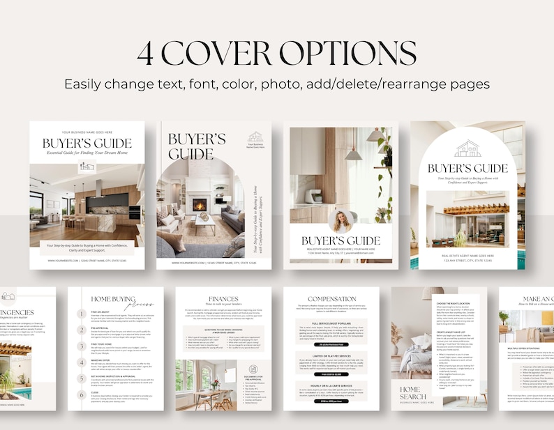 May include: A digital template set for a real estate buyer's guide featuring four distinct cover options and multiple interior pages. The documents include headings like Buyer's Guide, Home Buying Process, Finances, and Compensation with placeholder text.