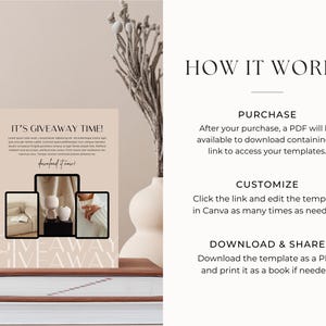 May include: A printable giveaway template with the text "It's Giveaway Time!" and a graphic of three images. The images are of a couch, a decorative object, and a hand wearing a ring. The text "Giveaway" is written in a stylized font at the bottom of the template.