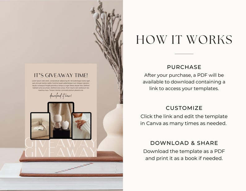 May include: A printable giveaway template with the text "It's Giveaway Time!" and a graphic of three images. The images are of a couch, a decorative object, and a hand wearing a ring. The text "Giveaway" is written in a stylized font at the bottom of the template.