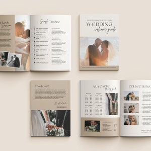 Peut inclure: Un guide de bienvenue pour la photographie de mariage avec un exemple de chronologie, un guide des prix et des collections. Le guide pr&eacute;sente un couple dans un cadre romantique avec un coucher de soleil en arri&egrave;re-plan.