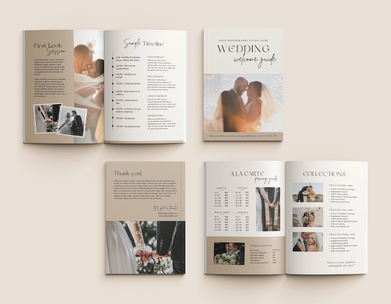 Peut inclure: Un guide de bienvenue pour la photographie de mariage avec un exemple de chronologie, un guide des prix et des collections. Le guide pr&eacute;sente un couple dans un cadre romantique avec un coucher de soleil en arri&egrave;re-plan.