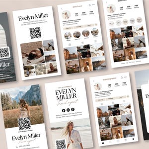 May include: Marketing materials for Evelyn Miller, a travel agent, including business cards and social media profile mockups. The designs feature a neutral colour scheme, travel images, and a QR code for easy access.