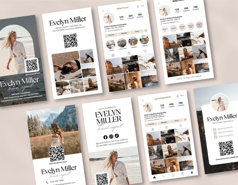 May include: Marketing materials for Evelyn Miller, a travel agent, including business cards and social media profile mockups. The designs feature a neutral colour scheme, travel images, and a QR code for easy access.