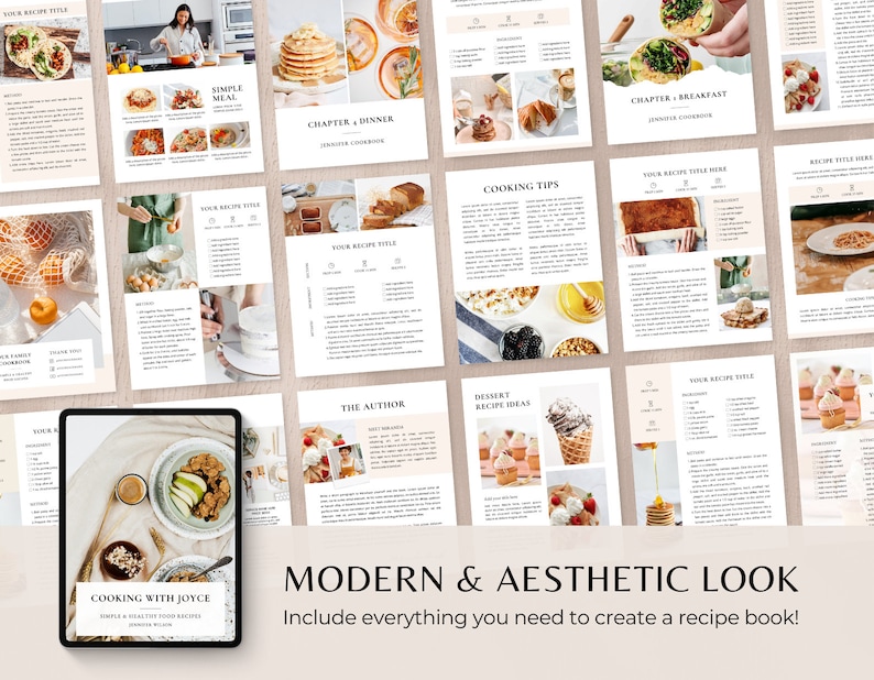 May include: A digital mockup of a recipe book with a modern and aesthetic look. The book cover features a photo of a bowl of fruit and granola with a light brown background. The text on the cover reads "Cooking with Joyce: Simple & Healthy Food Recipes".