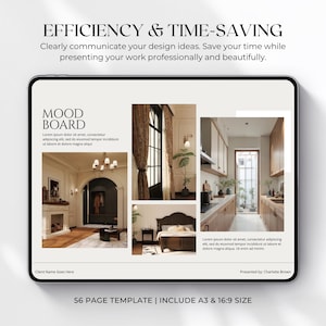 May include: A digital tablet displaying a mood board template with interior design images. The text at the top reads "EFFICIENCY & TIME-SAVING". The template includes a 56-page design with A3 and 16:9 size options.