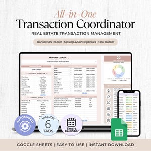 May include: A digital real estate transaction management dashboard displayed on a laptop and smartphone screen. The interface includes property lookup, transaction status, contact lists, and task trackers with text labels like All-in-One Transaction Coordinator.