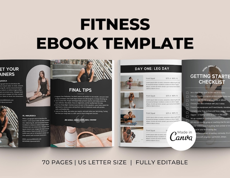Pu&ograve; includere: Un modello di ebook di fitness con una copertina in bianco e nero. La copertina presenta il testo "Fitness Ebook Template" in lettere bianche e grassetto. La copertina include anche il testo "70 Pages | US Letter Size | Fully Editable" in lettere bianche pi&ugrave; piccole. La copertina include anche una foto di una donna che si allena.