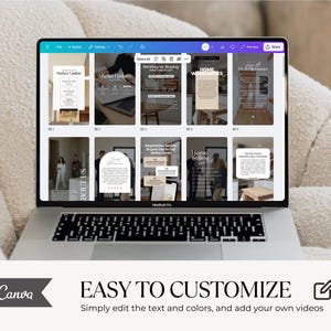 Op de afbeelding: Een zilveren laptop toont een Canva-interface met tien social media-sjablonen met vastgoedinhoud, inclusief teksten zoals Market Update, Renting vs. Buying, Home Warranties en Home Selling, met een banner met de tekst Easy to Customize.