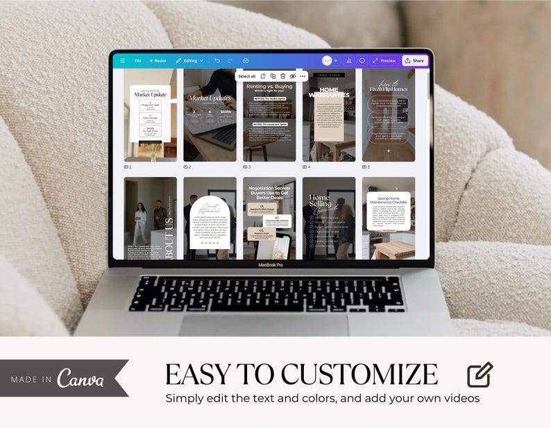 Op de afbeelding: Een zilveren laptop toont een Canva-interface met tien social media-sjablonen met vastgoedinhoud, inclusief teksten zoals Market Update, Renting vs. Buying, Home Warranties en Home Selling, met een banner met de tekst Easy to Customize.