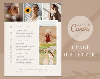 Senior Photography Pricing List| Senior Pricing Guide Sheet Template| Senior Collection Package| Photographer Price Guide| Canva Template