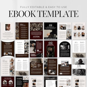 May include: An ebook template with a dark brown and cream color scheme. The template includes various page layouts with text and images, such as a table of contents, chapter pages, and checklists. The text "FULLY EDITABLE & EASY TO USE EBOOK TEMPLATE" is at the top.