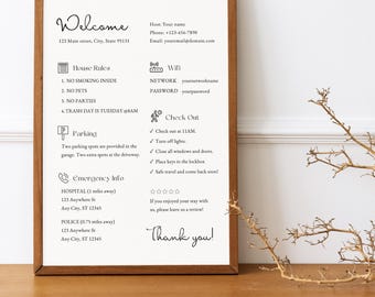 May include: A welcome sign with house rules, parking information, emergency contact information, and wifi network details. The sign also includes a check-out checklist and a thank you message.