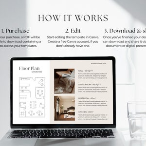May include: A laptop computer displaying a floor plan template with a title that reads "Floor Plan Overview". The laptop is on a white surface with a glass of water next to it. The text on the screen reads "HOW IT WORKS" and describes the steps to purchase, edit, and download the floor plan template.