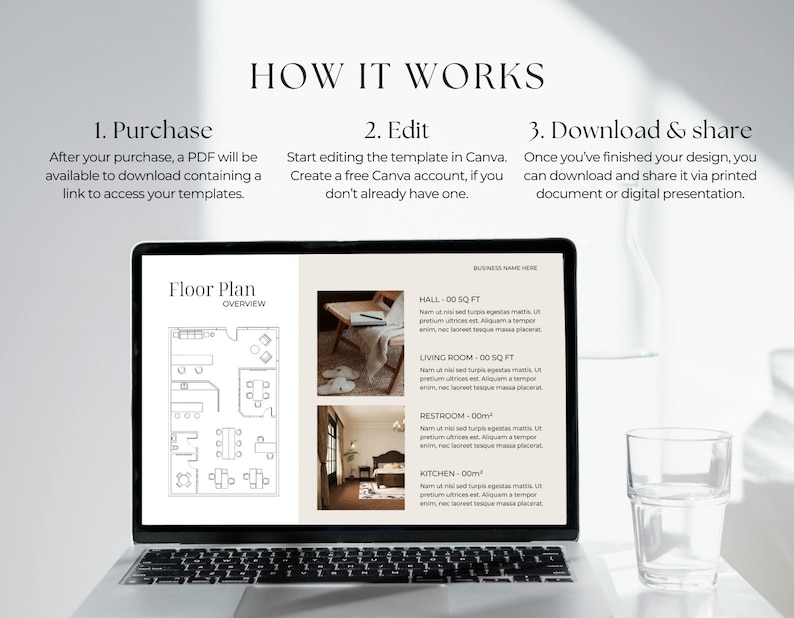 May include: A laptop computer displaying a floor plan template with a title that reads "Floor Plan Overview". The laptop is on a white surface with a glass of water next to it. The text on the screen reads "HOW IT WORKS" and describes the steps to purchase, edit, and download the floor plan template.