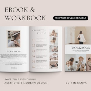May include: An ebook and workbook template featuring 130 pages of fully editable content. The layout includes a cover page titled WORKBOOK and an open spread with a personal introduction, numbered list, and multiple photo placeholders in a neutral palette.