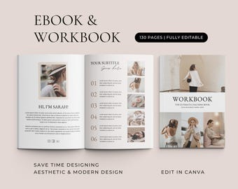 May include: An ebook and workbook template featuring 130 pages of fully editable content. The layout includes a cover page titled WORKBOOK and an open spread with a personal introduction, numbered list, and multiple photo placeholders in a neutral palette.