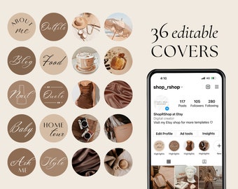 May include: A set of 36 editable Instagram story highlight covers in a neutral color palette. The covers feature various designs, including text, illustrations, and photographs. The covers are perfect for creating a cohesive and stylish look for your Instagram profile.