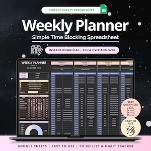 Puede incluir: Un planificador semanal digital de Google Sheets en la pantalla de una computadora portátil. La hoja de cálculo incluye un horario de bloques de tiempo, una lista de tareas, un rastreador de hábitos y un gráfico circular de seguimiento.