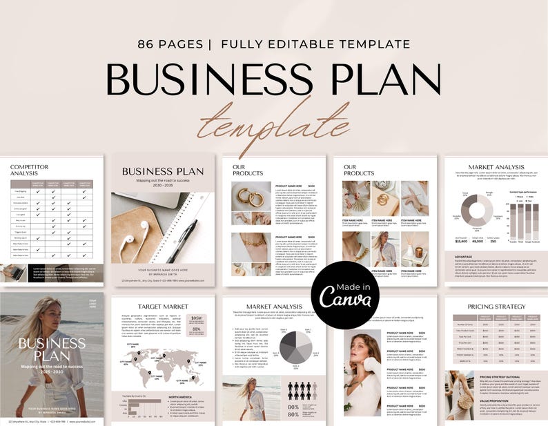 Business Plan Template Printable | Small Business Planner | Start Up Workbook | Side Hustle Planner | Canva Template image 1