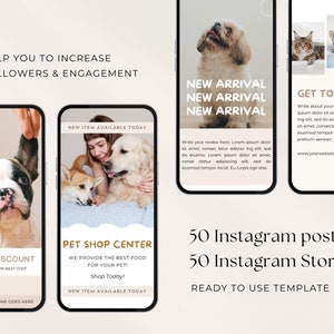 May include: Three Instagram story templates for pet businesses. The first template features a close-up of a French bulldog puppy. The second template features a woman holding a golden retriever puppy and a corgi puppy. The third template features a cat and a corgi puppy. All three templates have a light brown background and feature the text "New Item Available Today" and "Pet Shop Center".