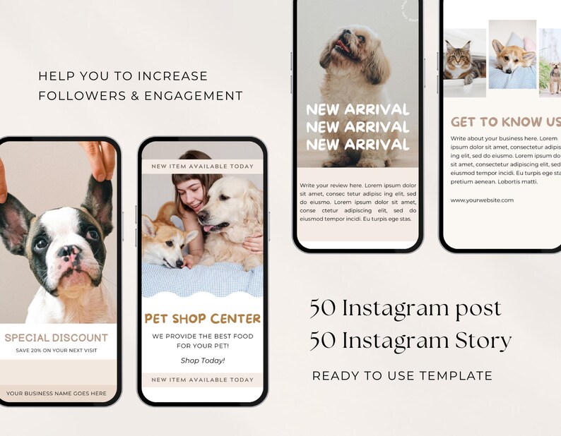 May include: Three Instagram story templates for pet businesses. The first template features a close-up of a French bulldog puppy. The second template features a woman holding a golden retriever puppy and a corgi puppy. The third template features a cat and a corgi puppy. All three templates have a light brown background and feature the text "New Item Available Today" and "Pet Shop Center".