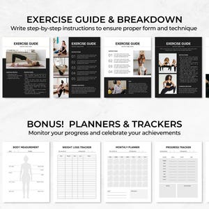 Pu&ograve; includere: Un set di guide di allenamento e tracker stampabili. Le guide presentano immagini in bianco e nero di persone che fanno esercizi. I tracker includono un registro di allenamento, un grafico di misurazione del corpo, un tracker di perdita di peso, un pianificatore mensile, un tracker di progresso e un pianificatore settimanale.