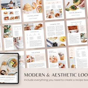 May include: A digital mockup of a recipe book with a modern and aesthetic design. The book cover features a photo of a bowl of fruit and granola with a light brown background. The text on the cover reads "Cooking with Joyce: Simple & Healthy Food Recipes".