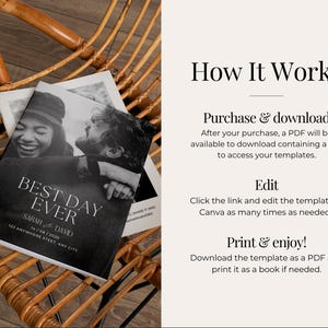 May include: A black and white wedding invitation with the text "BEST DAY EVER" and the names Sarah and David. The invitation is on a wooden chair. The text "How It Works" is also visible.