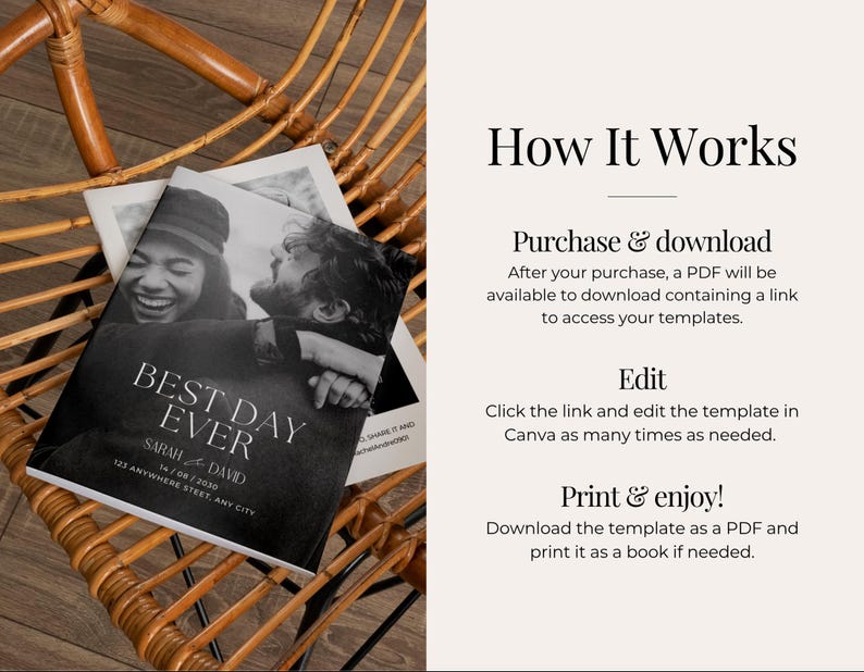 May include: A black and white wedding invitation with the text "BEST DAY EVER" and the names Sarah and David. The invitation is on a wooden chair. The text "How It Works" is also visible.