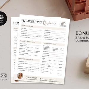 May include: A white Home Buying Questionnaire document with black text and beige headers. The form includes sections for buyer information, timeline, property requirements, and lifestyle use, featuring a small circular photo of a real estate agent.