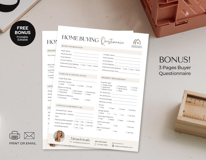 May include: A white Home Buying Questionnaire document with black text and beige headers. The form includes sections for buyer information, timeline, property requirements, and lifestyle use, featuring a small circular photo of a real estate agent.