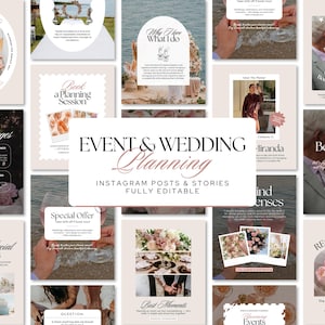 Peut inclure: Ensemble de modèles de publications et d'histoires Instagram pour la planification d'événements et de mariages. Les modèles présentent des tons doux et neutres avec des polices et des images élégantes de mariages, de fleurs et de coupes de champagne. Texte : "Event & Wedding Planning".