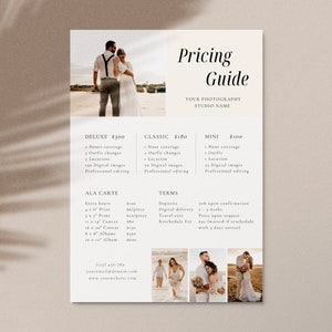 Lista de preços de fotografia de casamento | Modelo de folha de guia de preços de casamento | Pacote Coleção de Casamento | Guia de preços para fotógrafos | Canva editável