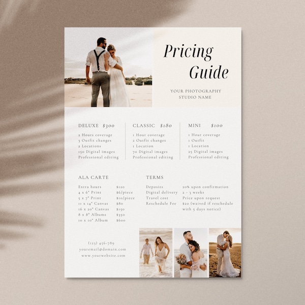 Wedding Photography Pricing List| Wedding Pricing Guide Sheet Template| Wedding Collection Package| Photographer Price Guide| Editable Canva