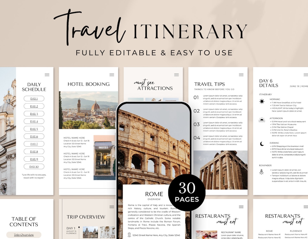 Travel Itinerary Template | Printable Travel Guide | Travel Agent ...