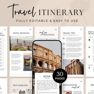 Modelo de itinerário de viagem | Guia de viagem para impressão | Planejador de agente de viagens | Planejador de viagens mínimo moderno | Modelo de tela