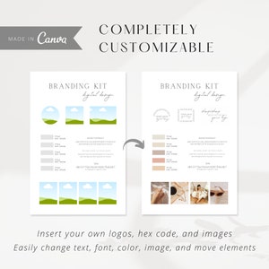 May include: Branding kit template with a green, blue, and white landscape design. The template includes a color palette, font choices, and a place to insert your own logo. The text reads "Branding Kit, digital design".