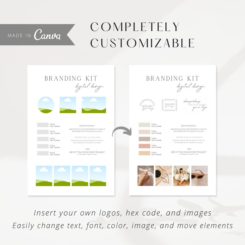 May include: Branding kit template with a green, blue, and white landscape design. The template includes a color palette, font choices, and a place to insert your own logo. The text reads "Branding Kit, digital design".