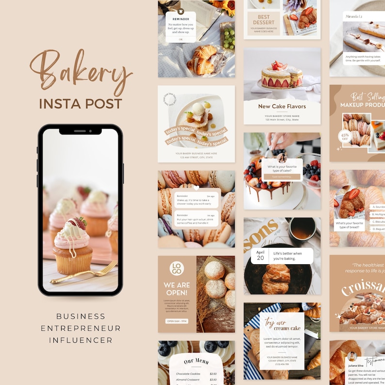May include: A collage of Instagram posts promoting a bakery. The images feature various baked goods, including croissants, cakes, cupcakes, and macarons. The text on the images includes "Bakery Insta Post", "Today's Special", "New Cake Flavors", "Best Selling Makeup Products", "We Are Open", "Our Menu", "Try Our Creamy Cake", "The Healthiest Response to Me is a Croissant", and "Life's Better When You're Baking".