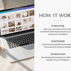 May include: A laptop computer displaying a Canva design template with a grid of 20 images. The images are of a spa setting with a neutral color palette. The text "HOW IT WORKS" is displayed above the laptop. The text below the laptop reads "PURCHASE", "CUSTOMIZE", and "DOWNLOAD".