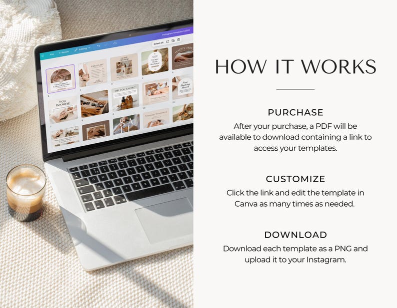 May include: A laptop computer displaying a Canva design template with a grid of 20 images. The images are of a spa setting with a neutral color palette. The text "HOW IT WORKS" is displayed above the laptop. The text below the laptop reads "PURCHASE", "CUSTOMIZE", and "DOWNLOAD".