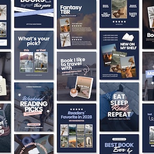 May include: A collection of digital social media templates featuring dark blue backgrounds with white text, book cover placeholders, star ratings, and various reading-themed phrases like Book Swap, Fantasy TBR, and Weekend Reading Picks.