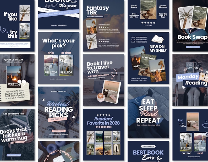 May include: A collection of digital social media templates featuring dark blue backgrounds with white text, book cover placeholders, star ratings, and various reading-themed phrases like Book Swap, Fantasy TBR, and Weekend Reading Picks.