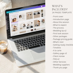 Peut inclure: Un ordinateur portable affichant un mod&egrave;le de brochure de photographie de mariage de 24 pages. Le mod&egrave;le comprend une couverture, une page d'introduction, une page sur la s&eacute;ance photo, ce &agrave; quoi s'attendre, le processus, un conseil pour le mariage, une s&eacute;ance de premier regard, d'autres forfaits, un guide des prix des forfaits, la suite, une liste de contr&ocirc;le de pr&eacute;paration, un calendrier, une carte, une page de galerie, un avis client, une FAQ, d'autres services, des fournisseurs de mariage et une page de remerciements.