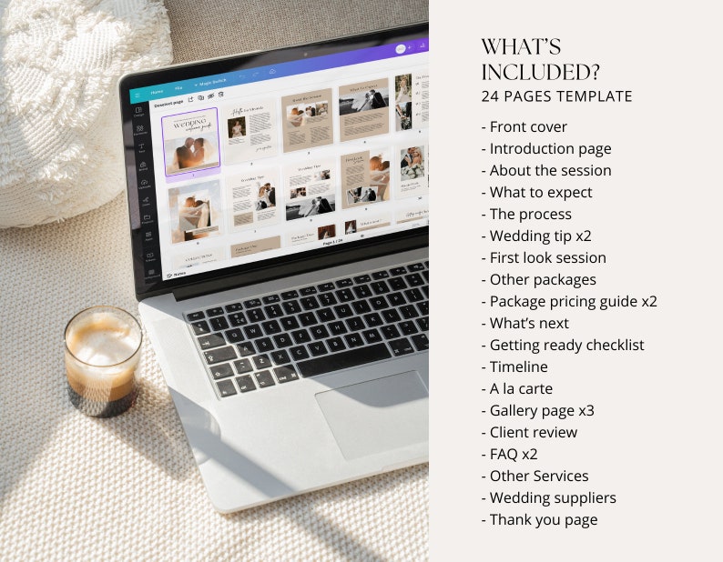 Peut inclure: Un ordinateur portable affichant un mod&egrave;le de brochure de photographie de mariage de 24 pages. Le mod&egrave;le comprend une couverture, une page d'introduction, une page sur la s&eacute;ance photo, ce &agrave; quoi s'attendre, le processus, un conseil pour le mariage, une s&eacute;ance de premier regard, d'autres forfaits, un guide des prix des forfaits, la suite, une liste de contr&ocirc;le de pr&eacute;paration, un calendrier, une carte, une page de galerie, un avis client, une FAQ, d'autres services, des fournisseurs de mariage et une page de remerciements.