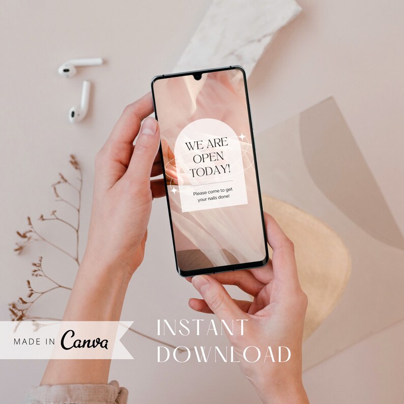 Puede incluir: Un tel&eacute;fono inteligente que muestra una publicaci&oacute;n en redes sociales con el texto "WE ARE OPEN TODAY! Please come to get your nails done!" sobre un fondo abstracto rosa y blanco.
