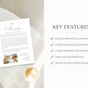 May include: A welcome home sign template with a heart and the text "We love your home". The sign is customisable and includes two photos. The text "KEY FEATURES" is at the top of the image with a list of features: Easy to edit & fully customisable, Lifetime access & unlimited edits, 2 sizes available: US Letter & A4, Save your valuable time, Stand out from other buyers.
