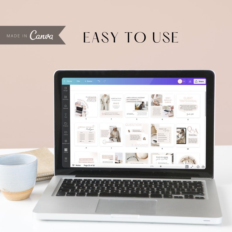 Op de afbeelding: Een laptopscherm dat een Canva-presentatie weergeeft met een lichtroze achtergrond en de tekst "EASY TO USE". De presentatie bevat dia's met tekst en afbeeldingen die betrekking hebben op virtuele assistenten. De dia's zijn genummerd van 1 tot en met 10.